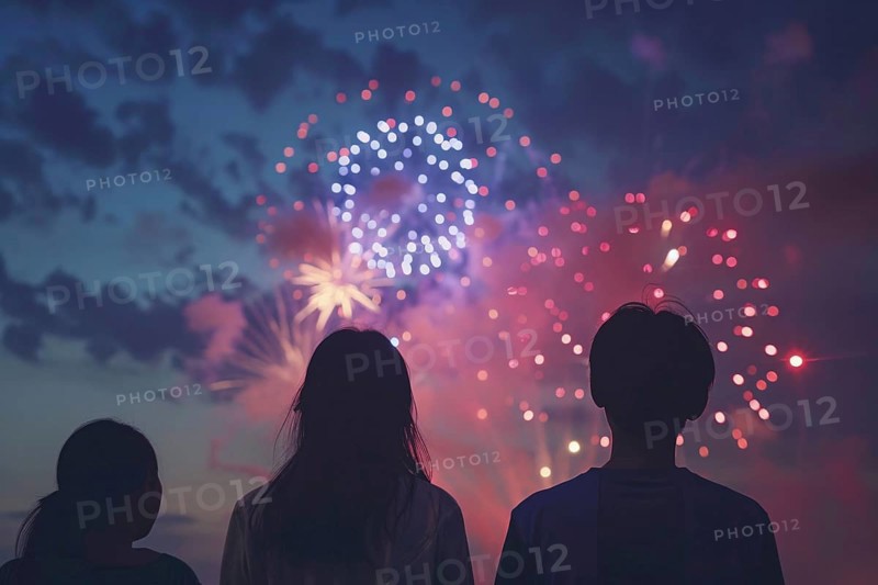 Back view of young people celebrating with fireworks in night sky. Generative Ai, AI generated