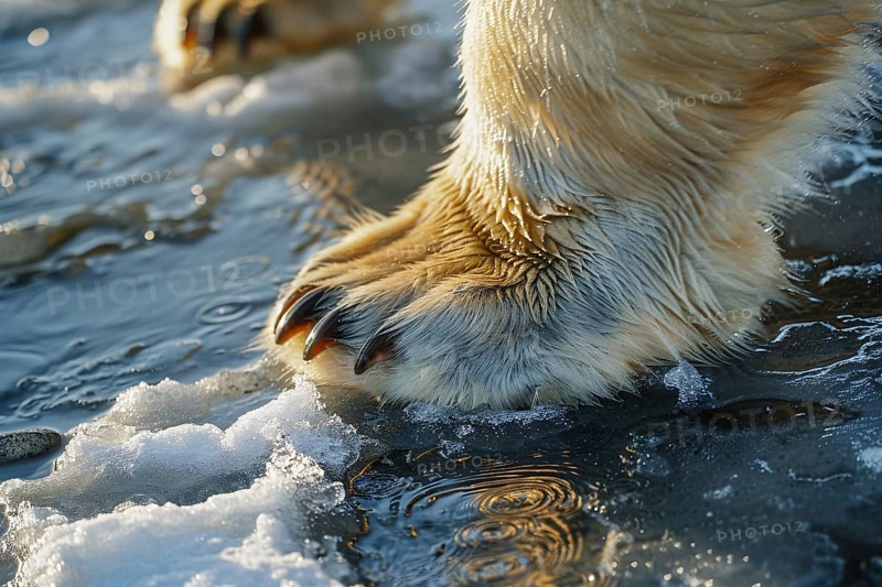 Close up of polar bear's paw staning on melting ice. Generative Ai, AI generated