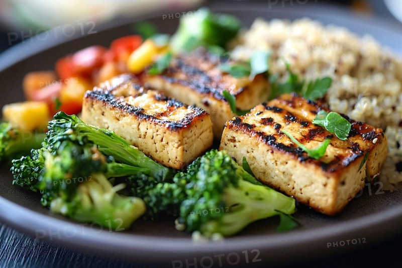 Vegan meal with fried tofu, quinoa and vegetables. Generative Ai, AI generated