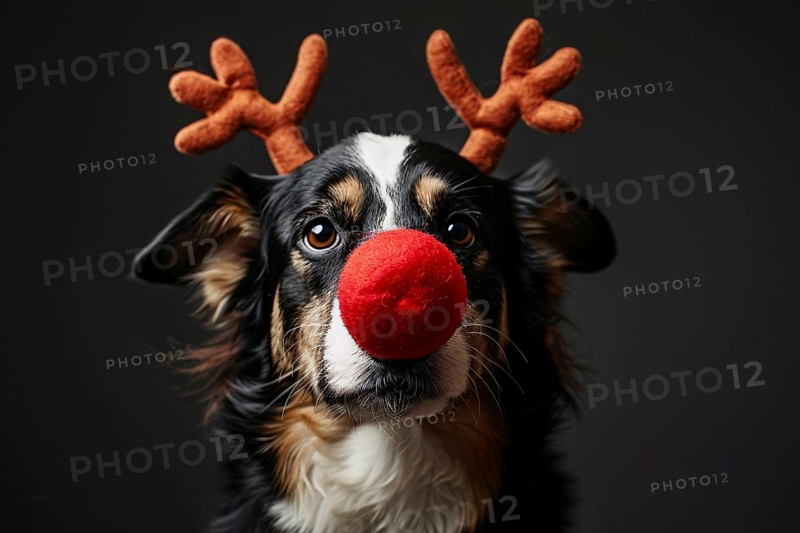 Dog with funny red nose and reindeer costume antlers. Generative Ai, AI generated