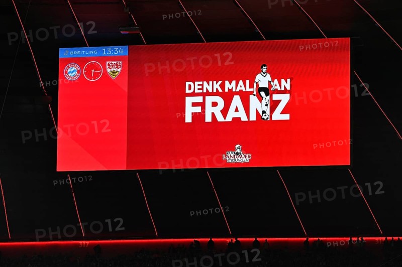 Scoreboard, advert for Denk Mal an Franz Beckenbauer, Kurt Landauer Foundation, Allianz Arena, Munich, Bavaria, Germany, Europe