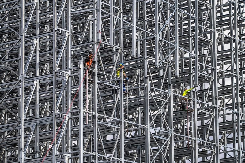 Construction of a high-bay warehouse, storage system for high space utilisation, in steel construction, North Rhine-Westphalia, Germany, Europe