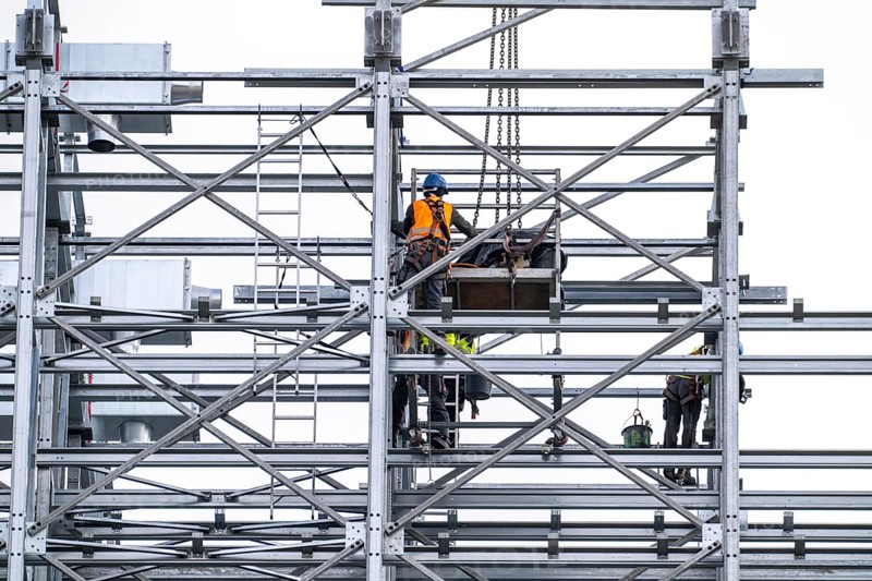 Construction of a high-bay warehouse, storage system for high space utilisation, in steel construction, North Rhine-Westphalia, Germany, Europe