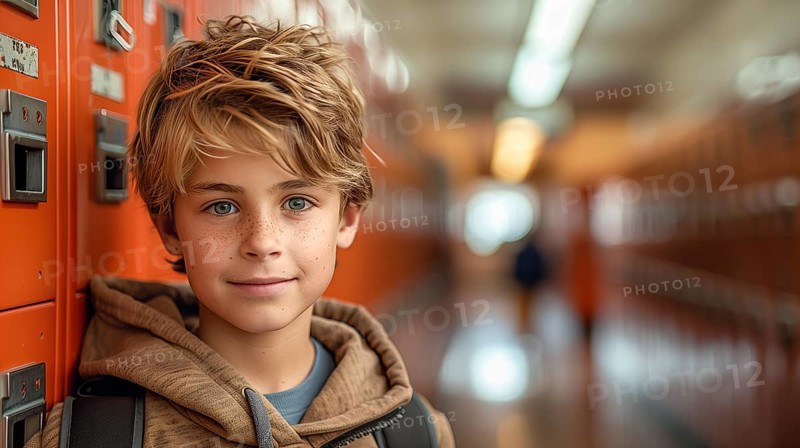 Cute caucasian school boy in the hallway of his school. generative AI, AI generated