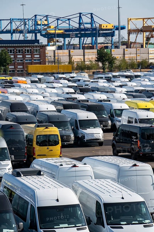 Car terminal in the inland port Logport I, in Duisburg on the Rhine, vehicle handling of new cars, vans, Mercedes-Benz Sprinter, storage space, North Rhine-Westphalia, Germany, Europe