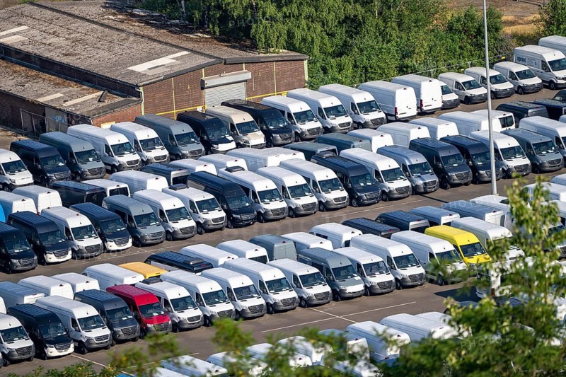 Site of the former Prosper Haniel colliery in Bottrop, currently used as a temporary storage facility for new vehicles, cars and vans, North Rhine-Westphalia, Germany, Europe