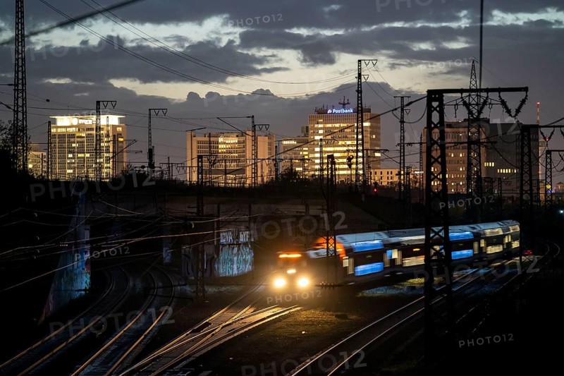 Skyline of Essen city centre, railway facilities in front of the main station, regional train, Regioexpress, Essen North Rhine-Westphalia, Germany, Europe