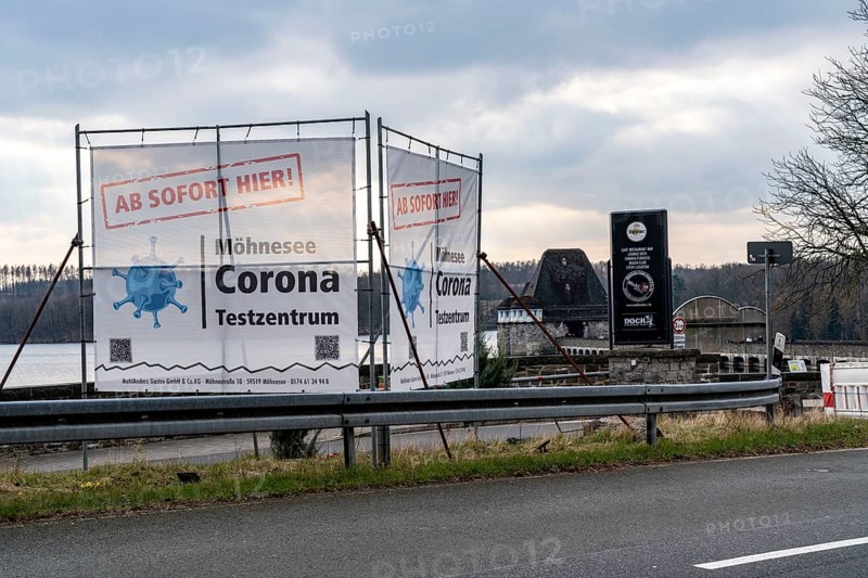 Corona test centre at the dam wall of Lake Möhne in Sauerland, North Rhine-Westphalia, Germany, Europe