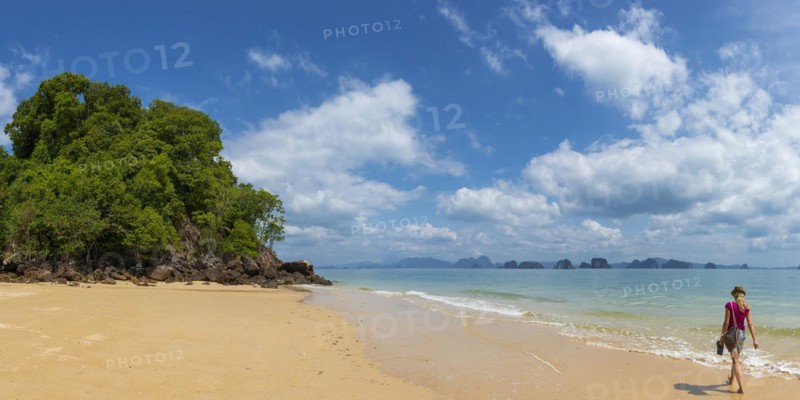 Lonely beach with tourist on Koh Yao Noi, beach holiday, beach landscape, rocks, forest, rainforest, sea, dream beach, dream holiday, holiday, travel, tourism, beach, coast, coastal landscape, tropics, tropical, tropical landscape, island, woman, empty, lonely, beautiful weather, sun, climate, sunny, seascape, holiday mood, holiday cliché, cliché, symbolic, landscape, beach holiday, paradise, holiday paradise, paradisiacal, untouched, travel photo, Phangnga, Thailand, Asia