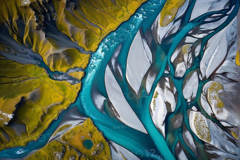 Aerial view perpendicular top down of an abstract colorful river along the coastline, AI generated