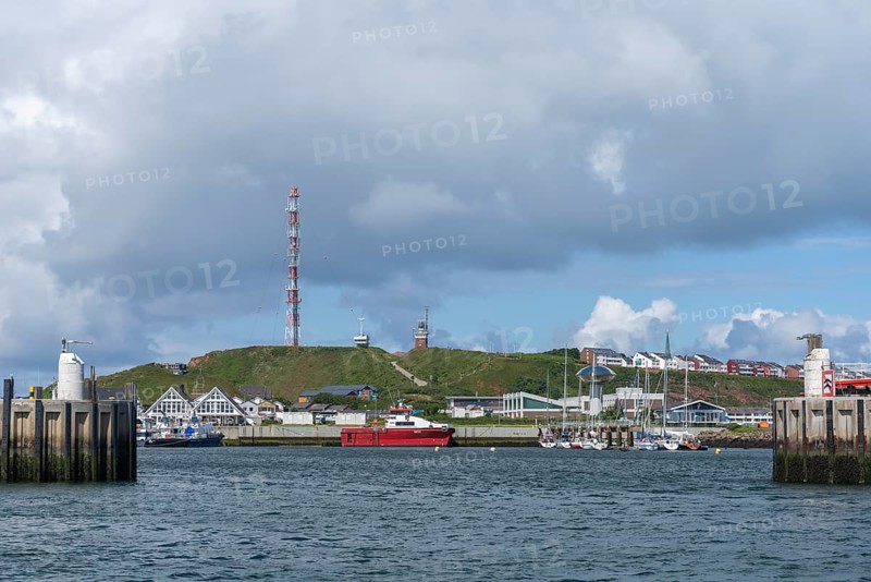 View from south-east to harbour facilities, Unterland and Oberland, offshore island Helgoland, marina, radio tower, North Sea, district Pinneberg, Schleswig-Holstein, Germany, Europe