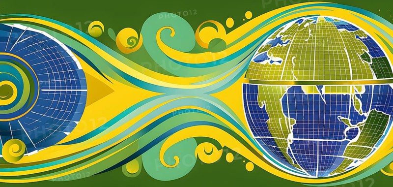 Illustration of a globe composed of triangular solar panels and swirling wind patterns, symbolizing global renewable energy, AI generated