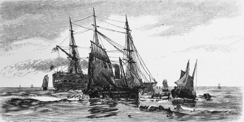 Sinking of the armoured frigate Großer Kurfürst in the English Channel, three-master, German frigate, catastrophe, warship, Imperial Navy, rescue, help, England, historical illustration 1880