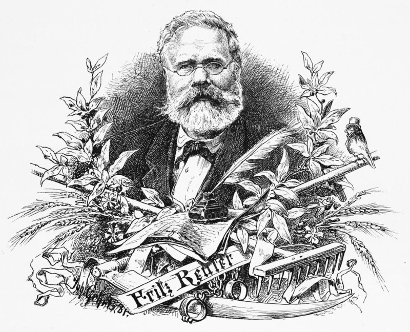 Portrait of Fritz Reuter, Mecklenburg-Vorpommern, Germany, poet, writer, glasses, beard, suit, flowers, bird, rake, ornamentation, inscription, Low German dialect, historical illustration 1880, Europe