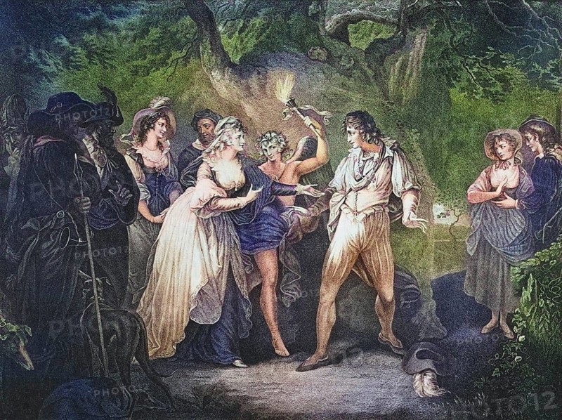 As you like it. Act V. Scene IV. The forest. Duke Senior, Amiens, Jaques, Orlando, Silvius, Oliver, Touch Stone, Audrey, Phebe, Rosalind, Celia and Hymen. From the Boydell Shakespeare Gallery, published at the end of the 19th century, Historic, digitally restored reproduction from a 19th century original, Record date not stated