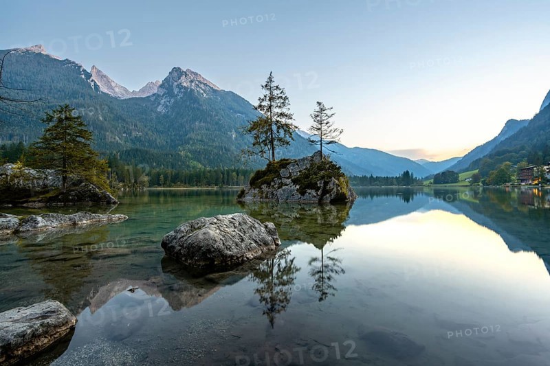 Hochkalter reflected in Hintersee, at sunset, Berchtesgaden National Park, Ramsau, Upper Bavaria, Bavaria, Germany, Europe