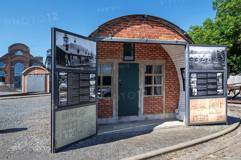 Nissen hut, prefabricated housing for immigrant workers at Le Bois du Cazier, coal mining museum at Marcinelle near Charleroi, Hainaut, Belgium, Europe