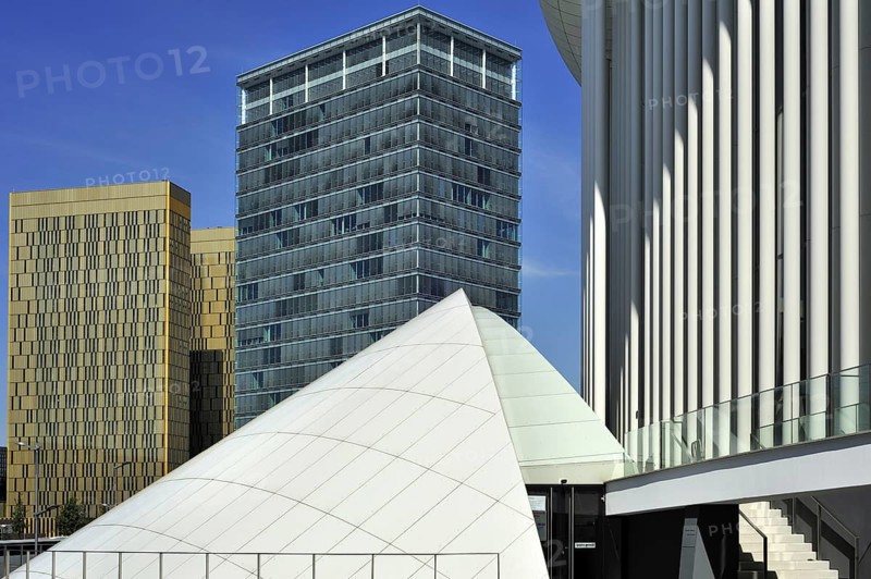 Office towers of the European Parliament, Court of Justice of the European Union and the Grande-Duchesse Joséphine-Charlotte Concert Hall, Philharmonie Luxembourg at Kirchberg, Luxembourg, Europe