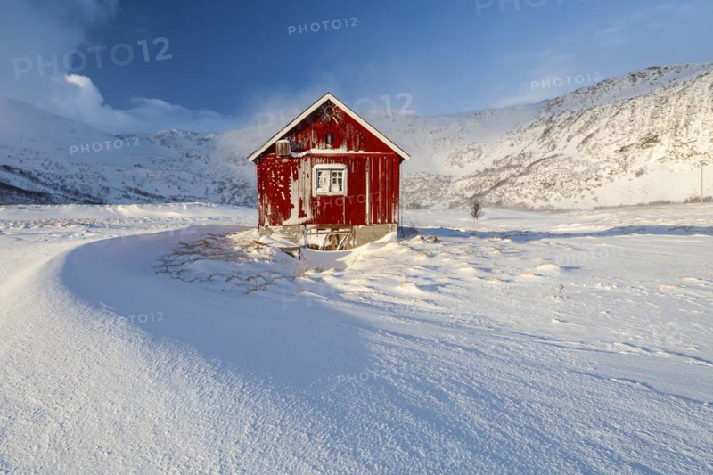 Snow-covered red wooden hut in the morning light, winter, snow cornices, Finnmark, Norway, Europe
