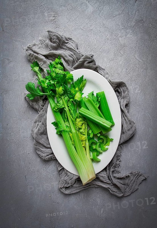 Fresh bunch of celery, top view, no people