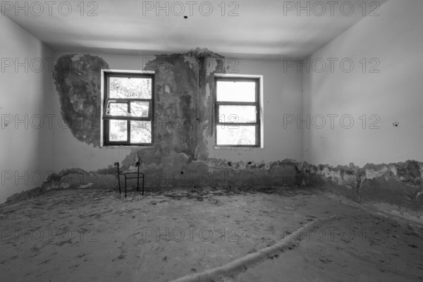 Abandoned room with two windows and crumbling walls, empty atmosphere, Lost Place, Lastovo, Neretva, Croatia, Europe