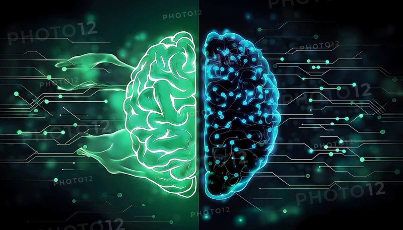 Abstract brain split into two halves, one side athletic motion, the other side neural network, vibrant colors, symbol for artificial intelligence in sport, AI generated