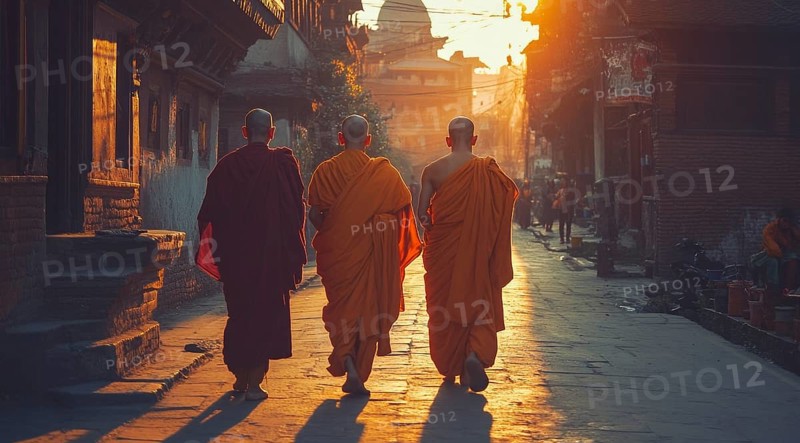 Tibetan Buddhist monks walk in kasaya robes on the streets of Kathmandu., AI generated