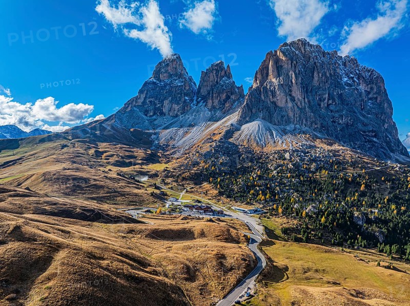 The peaks of the Sassolungo Group, Passo Sella, drone shot, Val Gardena, Dolomites, Autonomous Province of Bolzano, South Tyrol, Italy, Europe