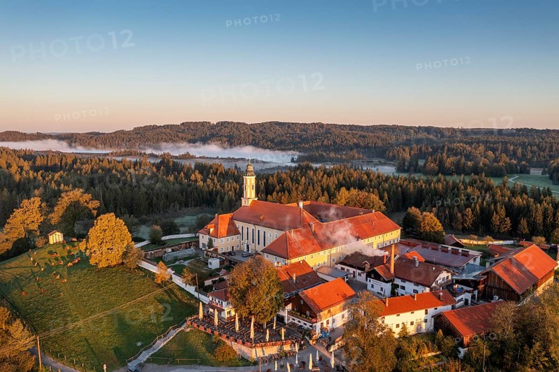 Reutberg Monastery, Sachsenkam, Tölzer Land, aerial view, Alpine foothills, Upper Bavaria, Bavaria, Germany, Europe