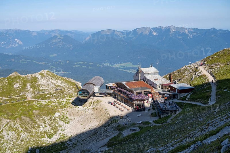 Nature information centre Bergwelt Karwendel, museum, telescope, mountain station of the Karwendelbahn, mountain restaurant, Karwendel Mountains, Mittenwald, Werdenfelser Land, Upper Bavaria, Bavaria, Germany, Europe