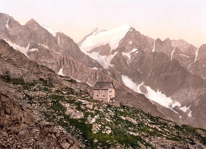 Presanella, a mountain of the Italian Southern Alps and highest point of the Adamello-Presanella Alps and the Madron Hut, formerly Tyrol, Austria-Hungary, today South Tyrol, Italy, Historical, digitally restored reproduction from a 19th century original, Record date not stated, Europe