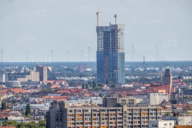 Construction site of the Estrel Tower. Once completed, it will be the tallest building in Berlin at 176 metres. The hotel tower is part of the Estrel Hotel. View from the Kollhoff Tower panorama point at Potsdamer Platz, city view. Berlin, Germany, Europe