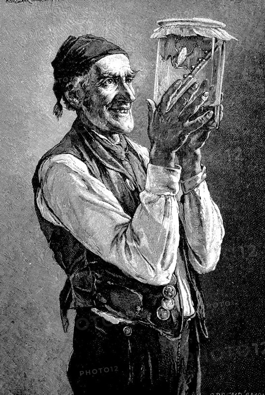 Old man holding a glass with a weather frog and predicting good weather, Germany, 1887, Historical, digital reproduction of an original from the 19th century, Europe