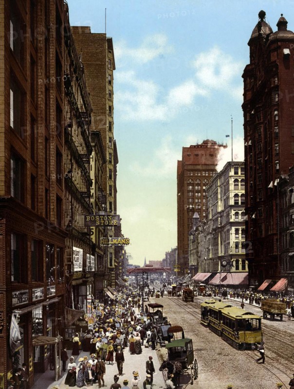 State Street, seen from Madison, Chicago, United States, 1890, Historic, digitally restored reproduction from a 19th century original, seen from Madison, United States, Historic, digitally restored reproduction from a 19th century original, North America
