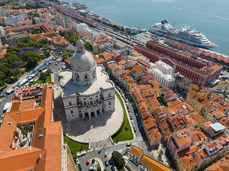 Historic church with dome surrounded by the city with red roofs on the seashore with cruise ship, aerial view, Igreja de Santa Engrácia, Panteão Nacional, Santa Engracia, National Pantheon, Lisbon, Lisboa, Portugal, Europe