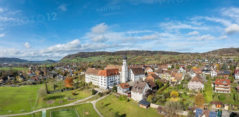Aerial view, panorama of the former Augustinian canons' monastery and collegiate church in the Höri community of Öhningen, Höri peninsula, Lake Constance, Constance district, Baden-Württemberg, Germany, Europe