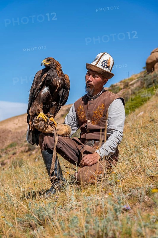 Traditional Kyrgyz eagle hunter with eagle in the mountains, near Kysyl-Suu, Kyrgyzstan, Asia
