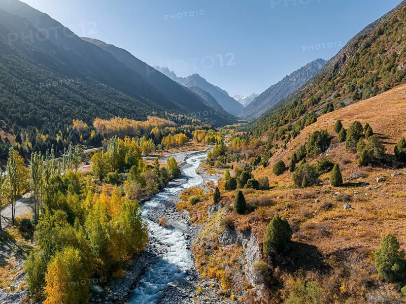 Aerial view, mountain stream Ala Archa flows through the Ala Archa valley, autumnal mountain landscape, Ala Archa National Park, Khirgiz Ala-Too Mountains, Chuy Region, Kyrgyzstan, Asia