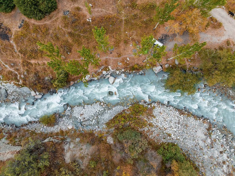View down, aerial view, Ala Archa mountain stream, Ala Archa National Park, Khirgiz Ala-Too Mountains, Chuy Region, Kyrgyzstan, Asia