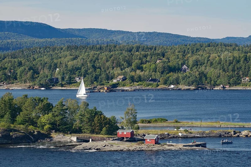 A sailboat sails on calm water, past a small island with forest and houses in the peaceful evening light, Oslofjord, capital city, Oslo, Norway, Europe