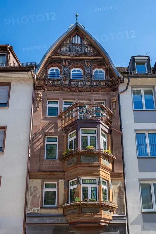 House facade, historic town house, town house with bay window in the historic old town of Villingen, Villingen-Schwenningen, Black Forest district, Baden-Württemberg, Germany, Europe