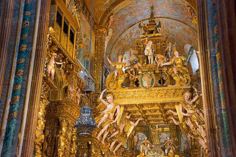 Close-up of a baroque church interior with elaborate gold decoration and angels, Cathedral, Santiago de Compostela, autonomous community of Galicia, place of pilgrimage, destination of the Way of St James, Spain, Europe