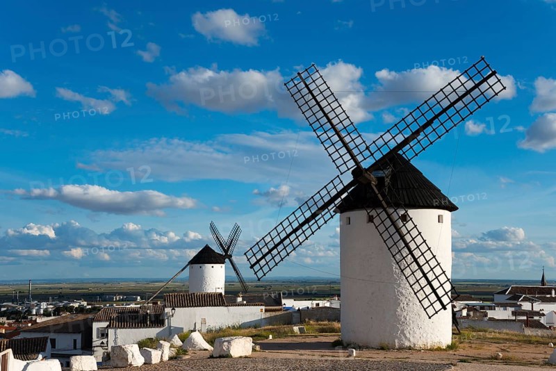Windmill in a village with white houses and wide views under a clear sky, windmills, Campo de Criptana, Ciudad Real province, Castilla-La Mancha, Don Quixote Route, Spain, Europe