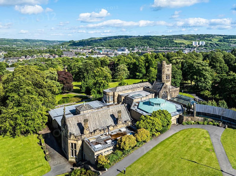 Cliffe Castle and Gardens from a drone, Keighley, West Yorkshire, England, United Kingdom, Europe