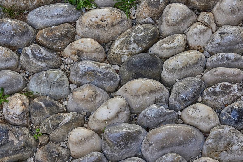 Large round stones lined up close together, predominantly grey tones, some plants in the background, Knights Street, Rhodes Old Town, Rhodes Town, Rhodes, Dodecanese, Greek Islands, Greece, Europe