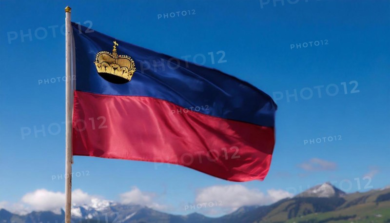 The flag of Liechtenstein flutters in the wind