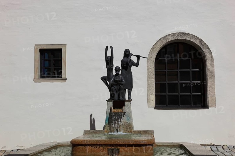 Fountain at the new town hall, Hassfurt, Hassfurt, Hassberge district, Lower Franconia, Bavaria, Germany, Europe