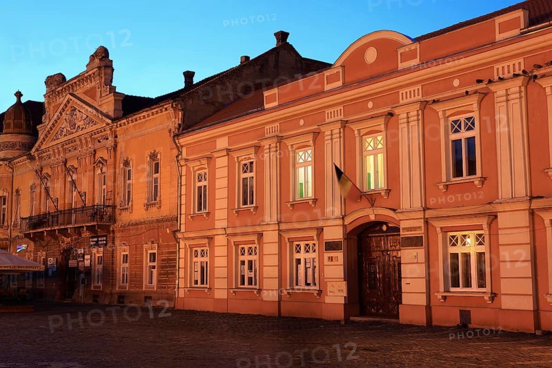 Banat, Timisoara, Timisoara, Old Town, historical houses at Piata Unirii, Unification Square, The house with the lions is on the left, the house, The Seven Electors, now Lenau Gymnasium is on the right, Romania, Europe