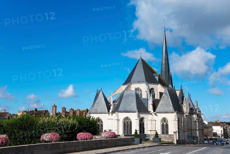 Gotische Kathedrale mit hohen Türmen und einem klaren Himmel mit Blumen im Vordergrund, Kirche, Église Saint-Jean-Baptiste, Nemours, Fluss Loing, Département Seine-et-Marne, Region Île-de-France, Ile-de-France, Frankreich