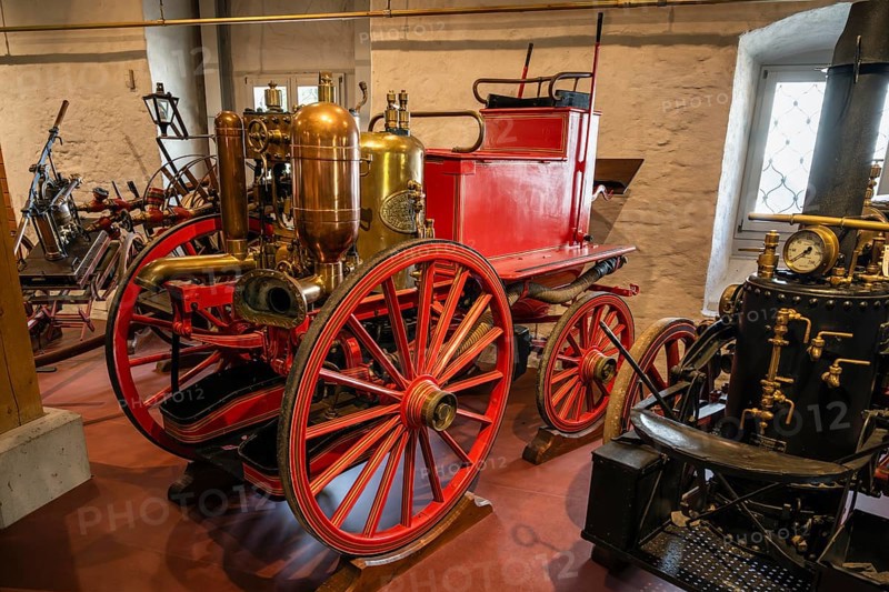 Historic fire engines in the Fire Brigade Museum, Salem Castle, Lake Constance, Lake Constance district, Baden-Württemberg, Germany, Europe